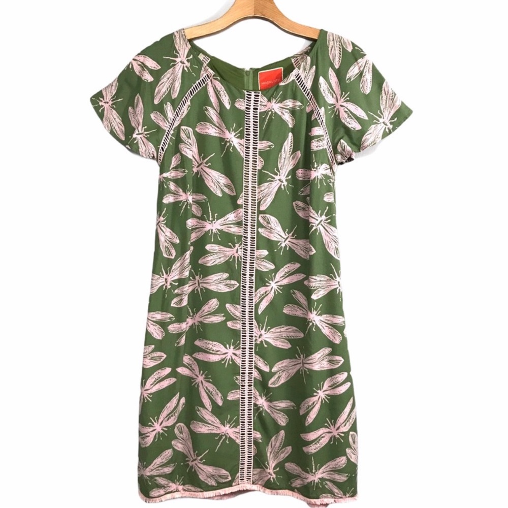 Modcloth Wildflowers Shift Dress Dragonflies Medium Green Pink